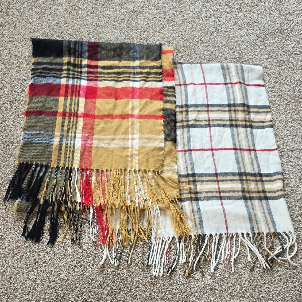 Plaid Fringe Scarf Set in Red, Cream, And Black